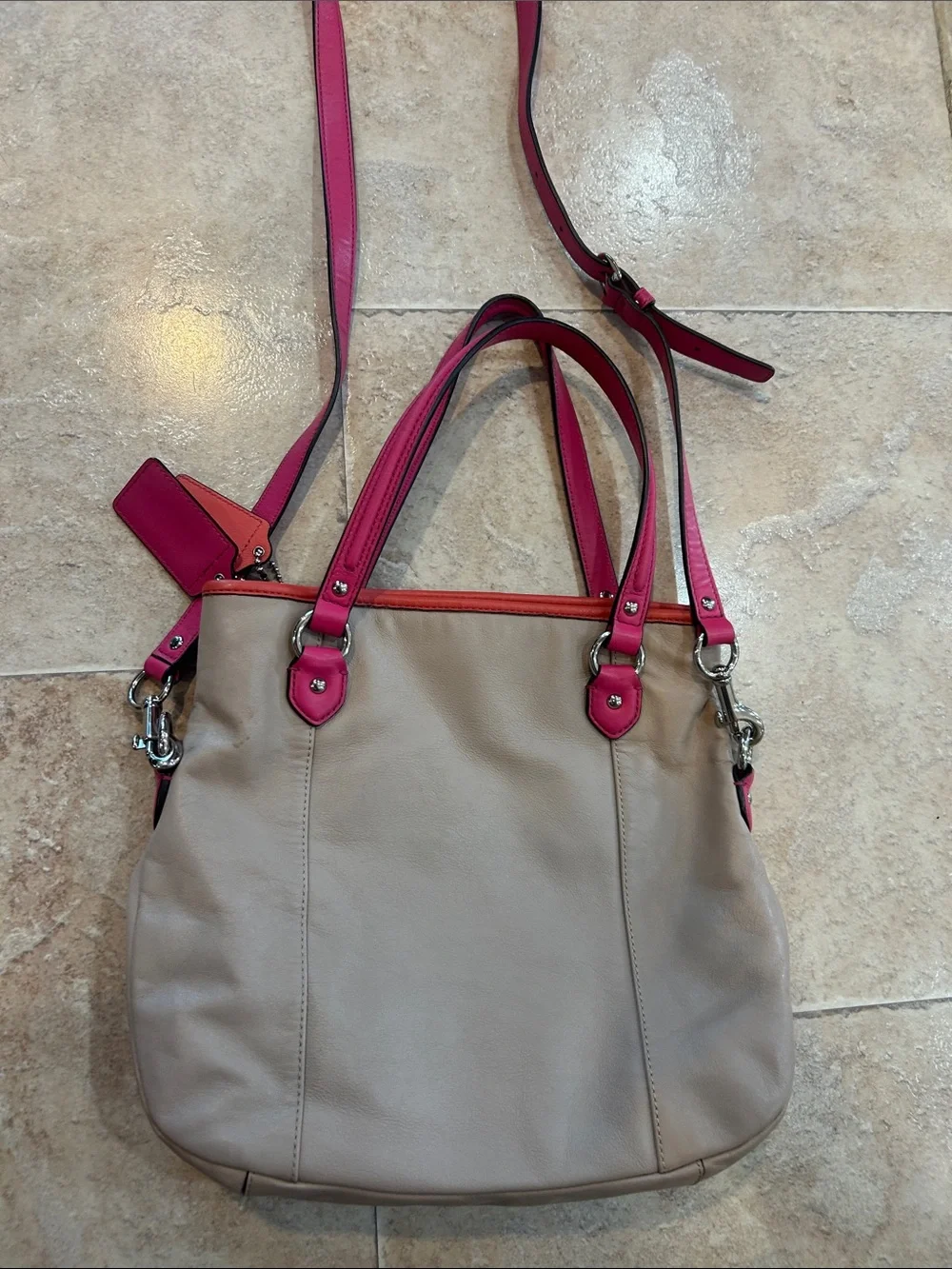 Coach Taupe Bag with Pink and Orange Trim Shoulder Crossbody
